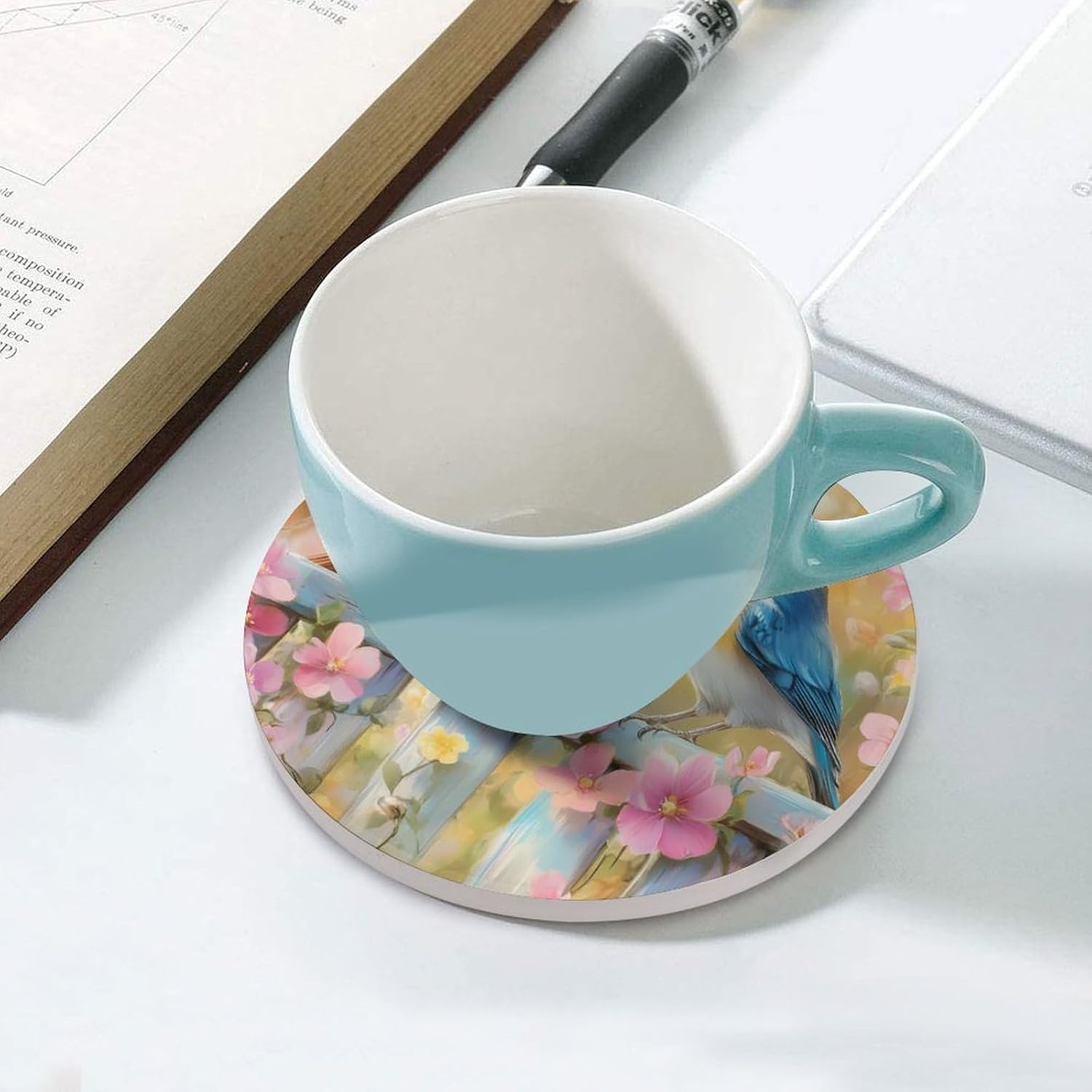 Blue Birds Coasters for Drink Round Ceramic Coaster with Cork Base Home Decorative 4PCS