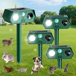 4Pack 2026 Ultrasonic Animal Repellent Outdoor Deer Repellent Devices Solar Animal Repeller Motion Activated Deterrent to Scare Cat Squirrel Rabbit Raccoon Skunk with LED Flash Lights for Yard Lawn - Amazon product rated Grade A