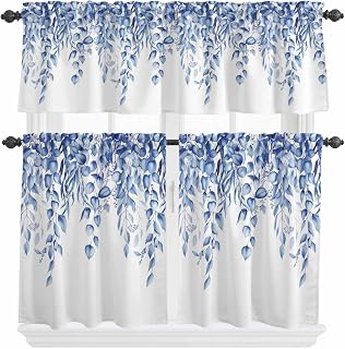 Eucalyptus Leaves Kitchen Curtains Set, Navy Blue Summer Botanical Weeping Curtain Valance and Tier Curtains 24 Inch Length, Rod Pocket Kitchen Valance Window Short/Half/Small Tier Curtain Drapery