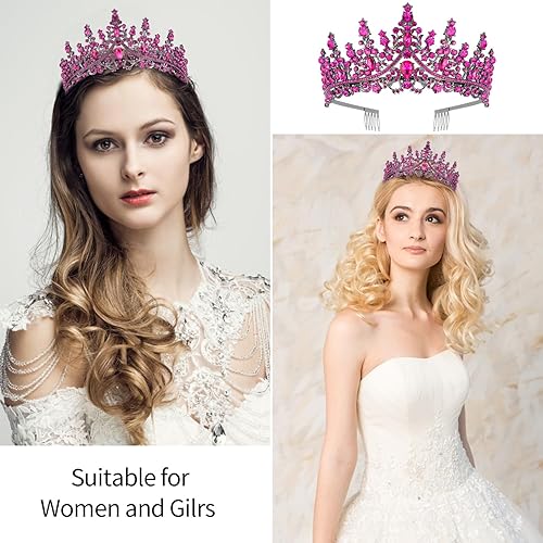 Miniatura 10 de Velscrun Corona de tiara de reina de cristal rosa para mujeres y niñas, diadema de reina de cumpleaños, elegante corona de princesa con peinetas
