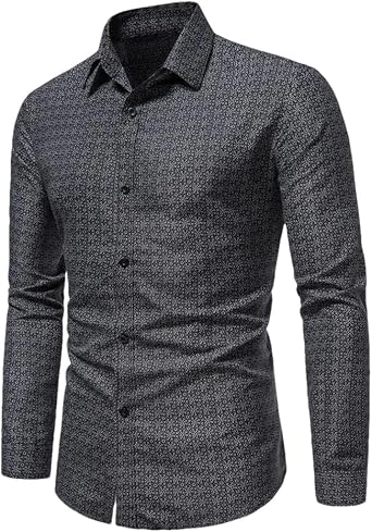 Men Vintage Floral Print Dress Shirt Long Sleeve Lapel Button Business Casual Shirts