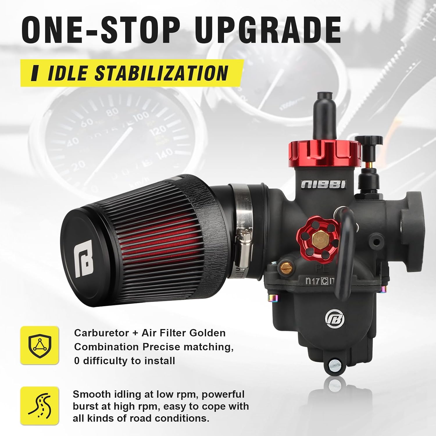 NIBBI 17mm Carburetor with CNC 48mm Air Filter kit,PE17FL Carburetor fit for 110cc Pit Bike,Upgrade for SSR110cc Apollo110cc X-PRO110cc