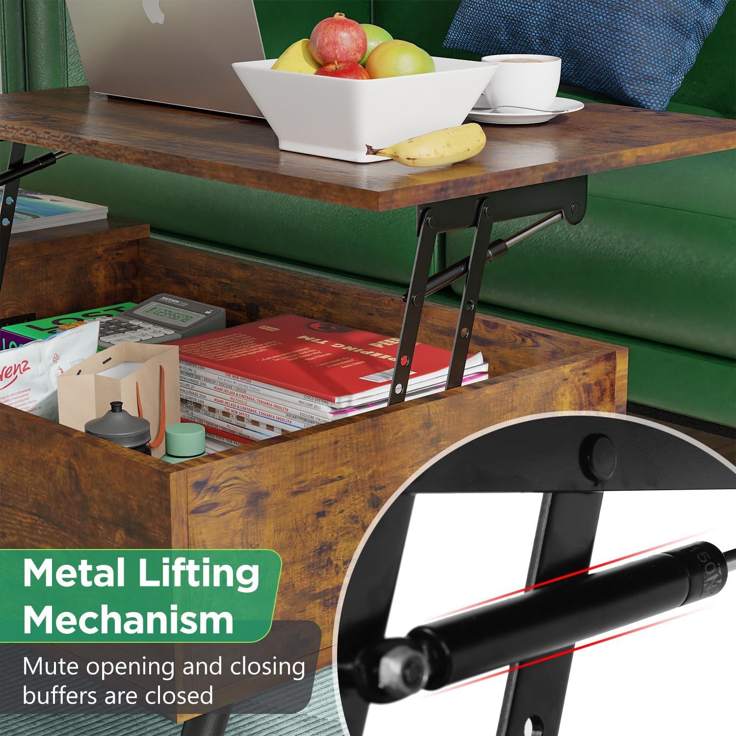 Coffee Table, Tea Table with Adjustable Storage, Storage Coffee Table with Hidden Compartment, Center Table, Lift Top Coffee Table with Storage, Coffee Table Lift Top for Living Room Reception, Brown