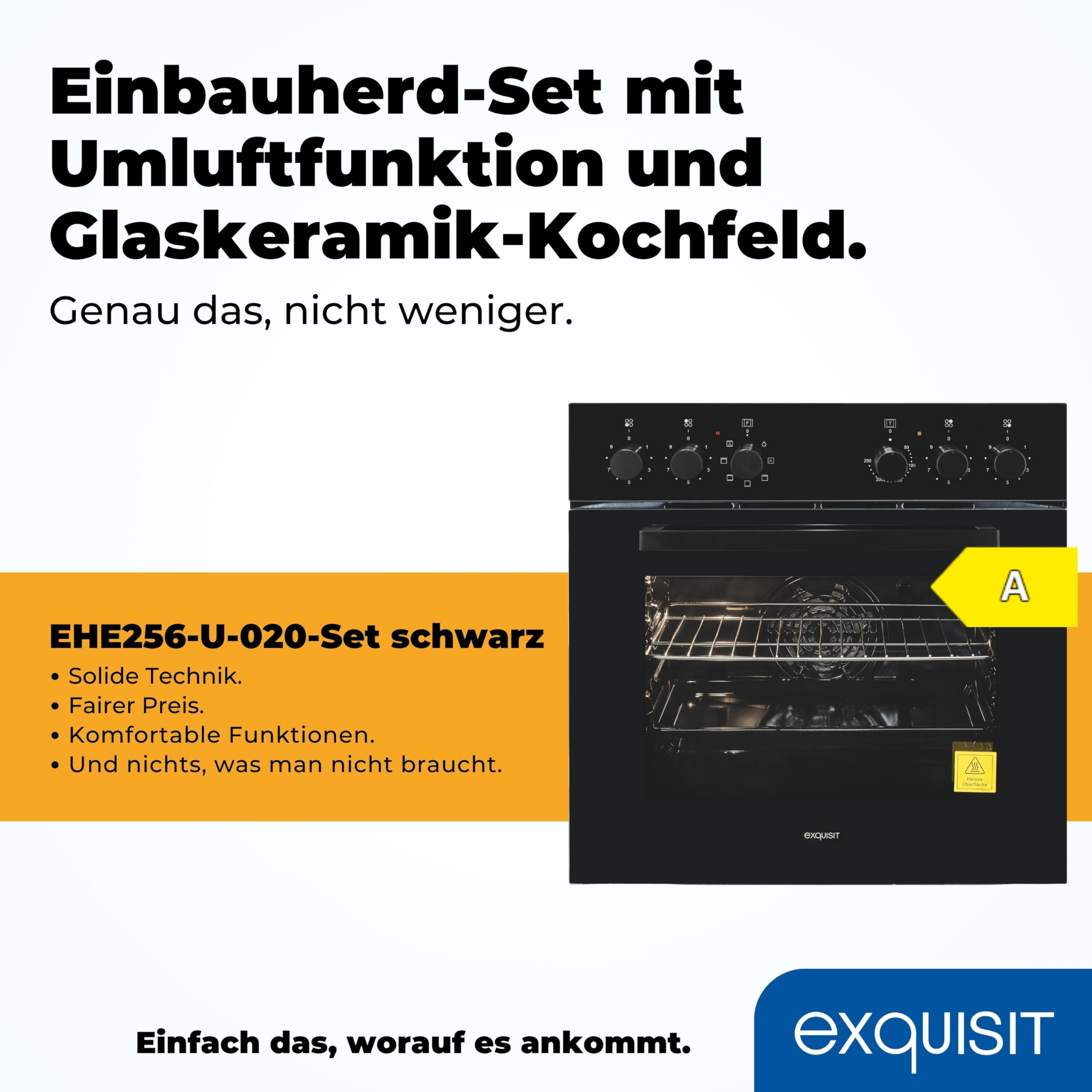 Exquisit Herd-Set EHE256-U-020-Set schwarz | EEK: A | 59,0 l Garraum | Glaskeramik Kochfeld | Herd-Set 60 cm