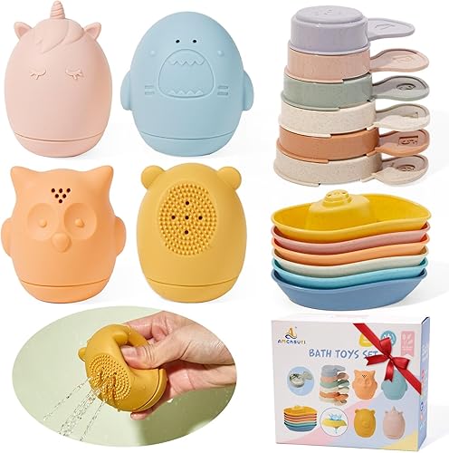 Paquete de 16 juguetes de baño para bebés sin moho para niños, juguetes de baño de silicona fáciles de limpiar y exprimibles para bebés de 6 a 12