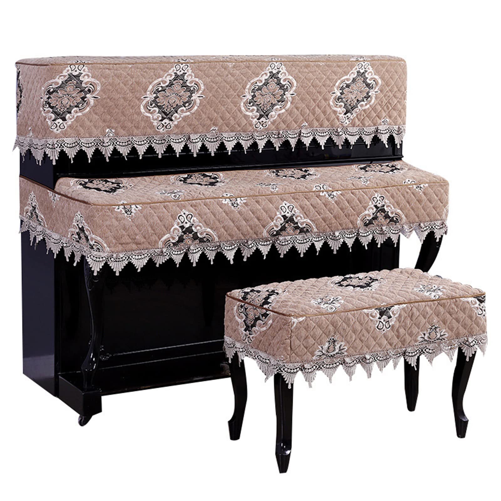 Coperture in Tessuto per Poncho per Pianoforte, Mezza Copertura per Pianoforte alla Moda di Lusso, Comoda Copertura Antipolvere per Pianoforte,Beige-with Single Stool Cover
