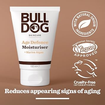 BULLDOG SKINCARE Age Defence Moisturiser for Men, With Marine Algae, 100ml | All-day moisturiser for brighter-looking skin, reduces appearance of fine lines and wrinkles, natural origin ingredients