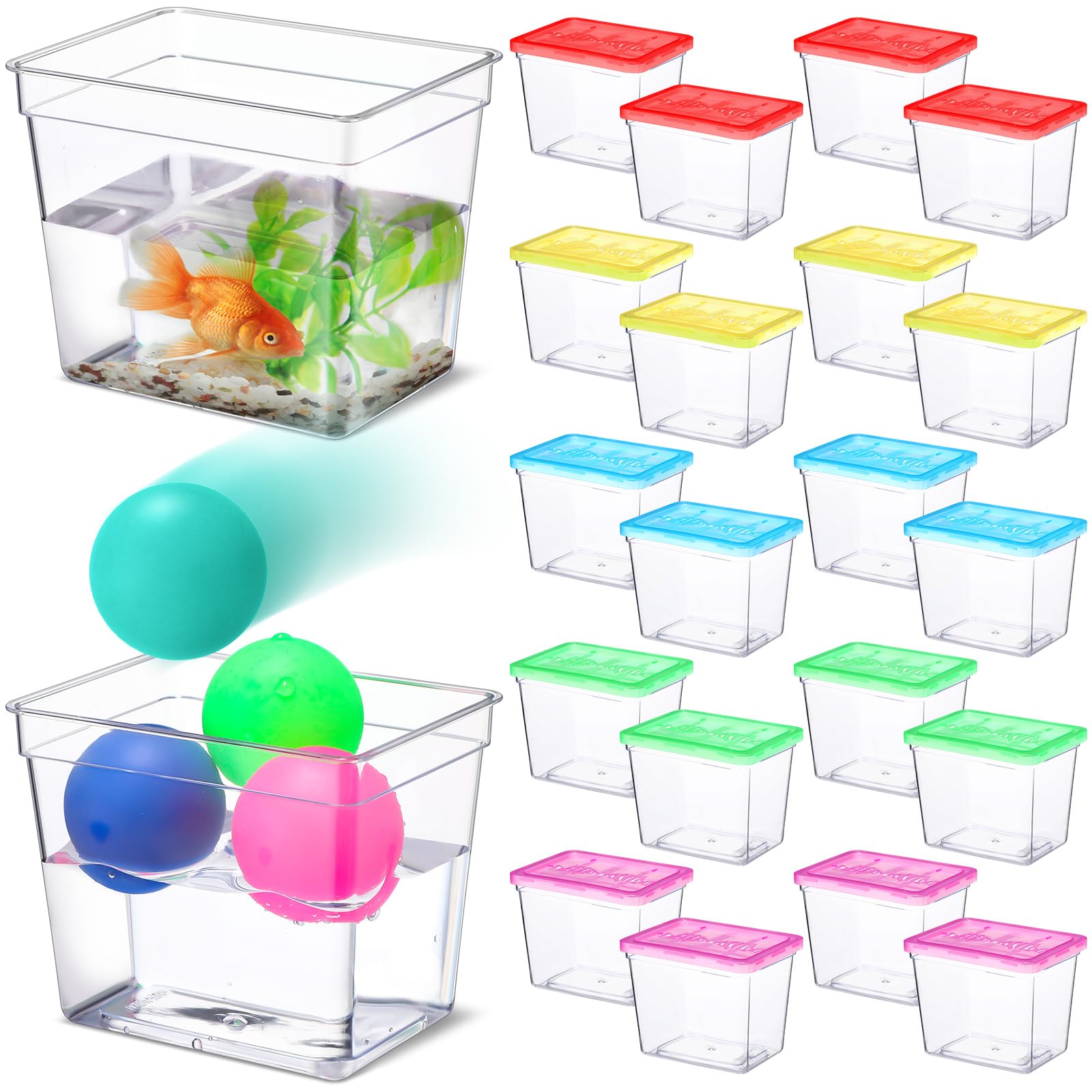 Domensi 20 Set 12oz Plastic Fish Bowls with 100 Table Tennis Carnival Game Favors Rectangle Gold Fish Bowls with Multicolor Balls Reptile Terrariums