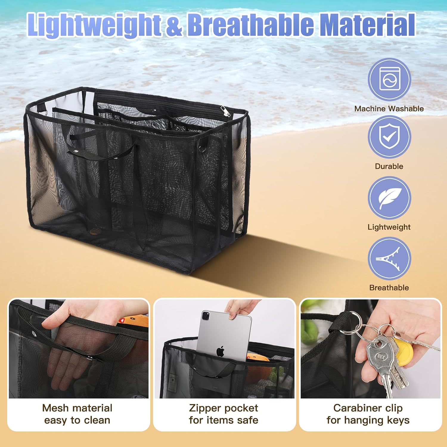 Beach Tote Bag Organizer Insert for X Large Bogg Bags Accessories, Lightweight Mesh Divider for Rubber Beach Bags, Keeps Essentials Neat for Pool, Beach & Travel, 18" x 12.2" x 8.3" (Black)
