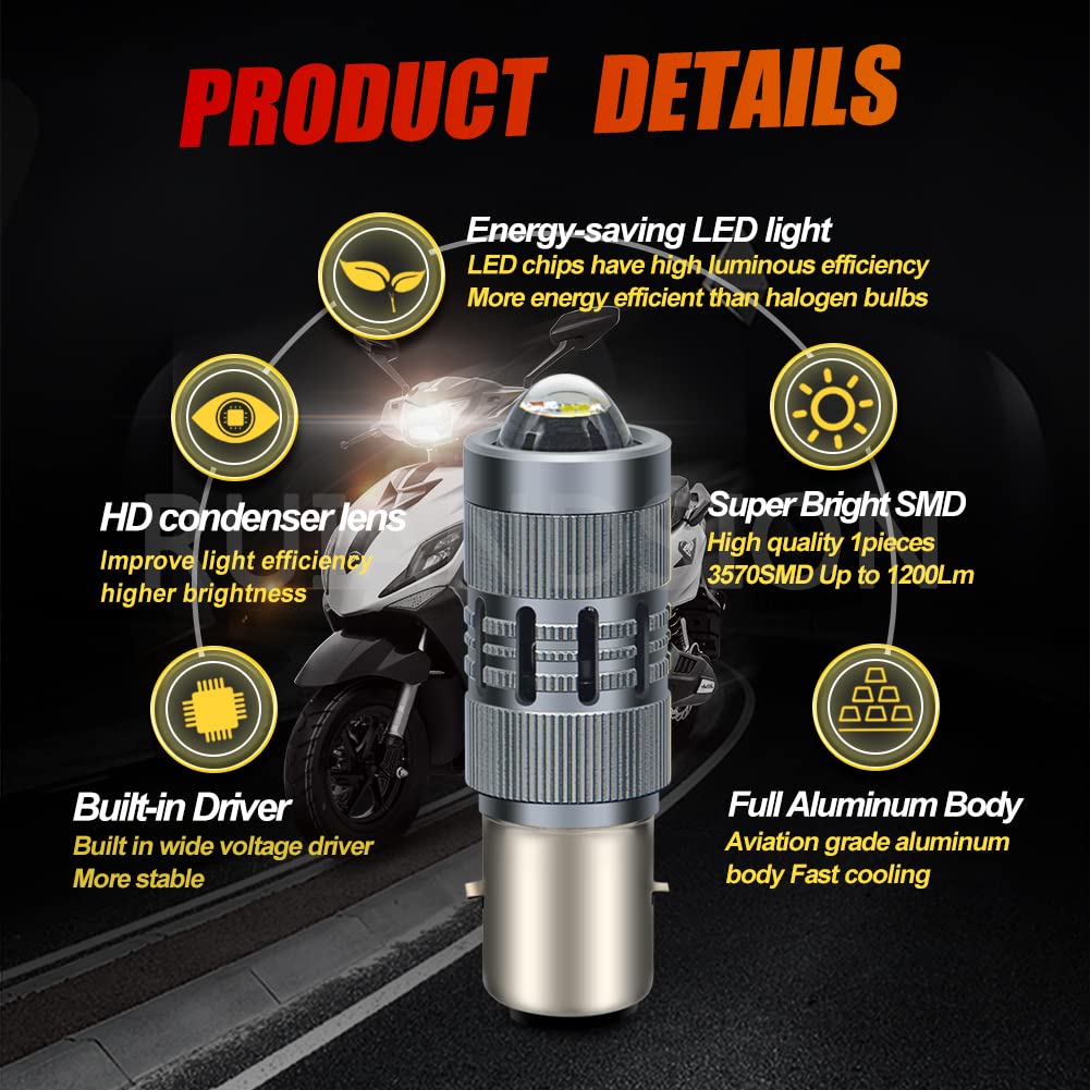 Ruiandsion BA20D LED lampadina moto faro H6 bianco AC 12-36V / DC 12-80V lampadina LED Super Bright 3000LM con lente proiettore per moto faro, non polarità
