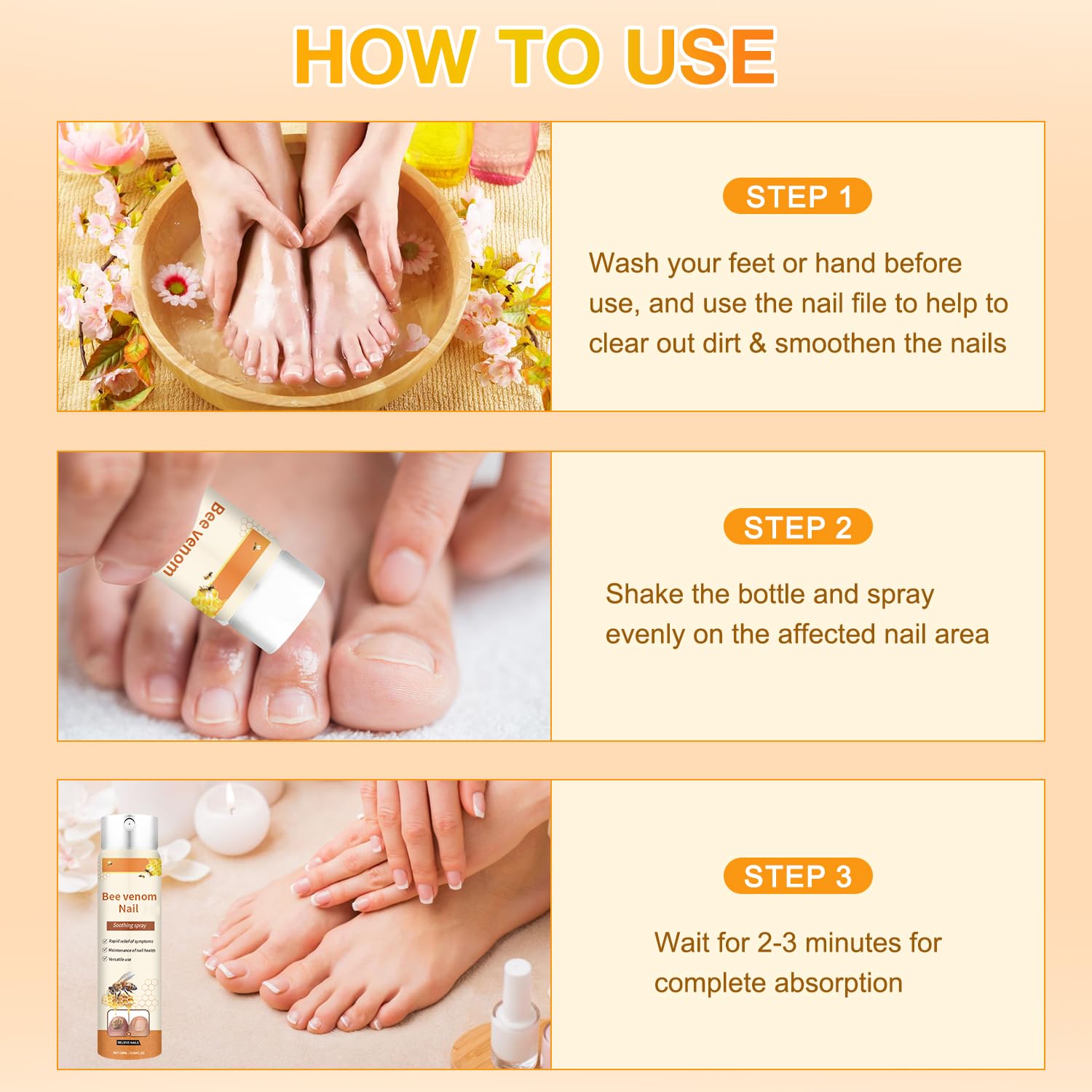 Bee Venom Nail Soothing Spray, Toe Nail Treatments for Damaged Nails, Nail care, Safely and Gently, 0.68 Fl Oz (2PCS)