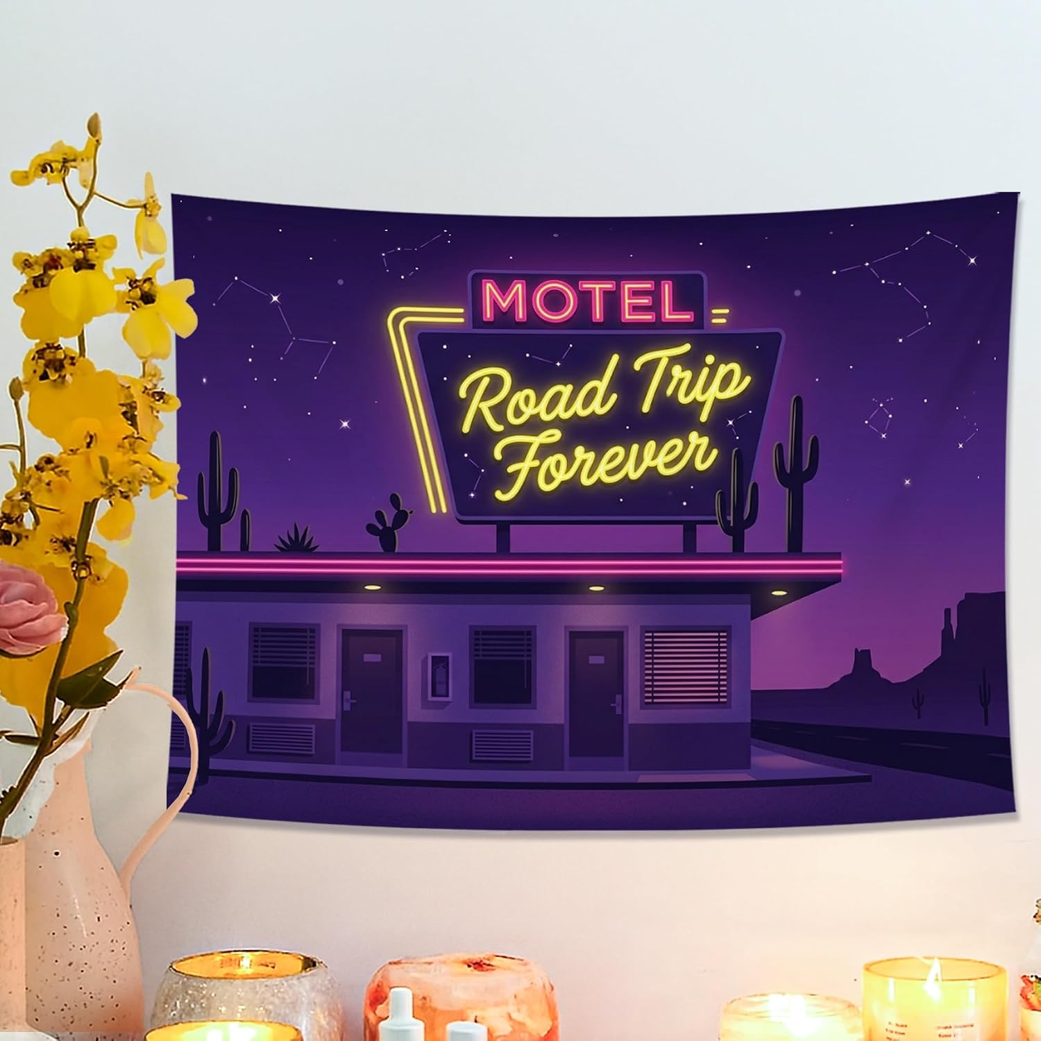 Motel Road Trip Forever Tapestry, Violet Night Skyline Desert Wall Hanging, Aesthetic Bohemian Decor for Living Room, Bedroom, Dorm 40x30 Inch