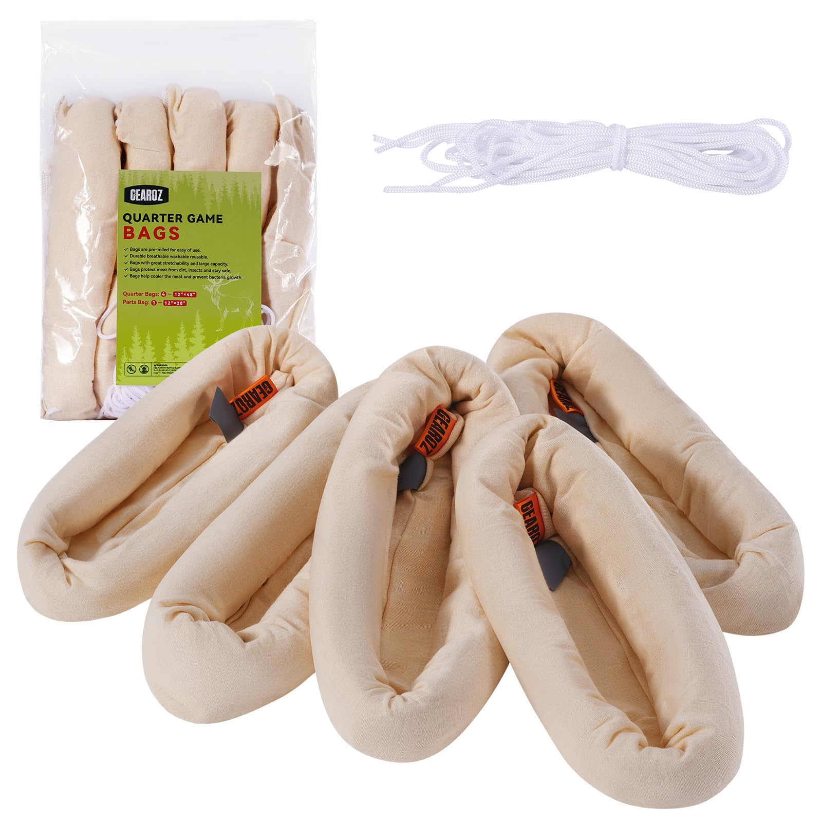 GearOZ Elk Game Bags Hunting Meat, 5-Pack Reusable Meat Game Bags, Rolled Heavy Duty Quarter Bags, Big Game Bags for Elk, Caribou, Deer, 48-Inch x4, 28-Inch x1