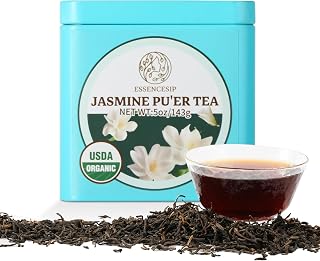 Essencesip Jasmine Puerh Tea - Black Ripe Pu Erh Loose Leaf Teas Scented with Jasmine Blossom - 5oz sampler in tin, Floral Aroma, Smooth Pu-erh Flavor, Low Astringency