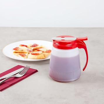 Restaurantware-Chef 101 32 Ounce All Purpose Syrup Dispenser, 1 Honey Dispenser - Red Top, Stainless Steel Slide Cover, Plastic Pancake Syrup Bottle, Perfect For Diners, Restaurants, Home