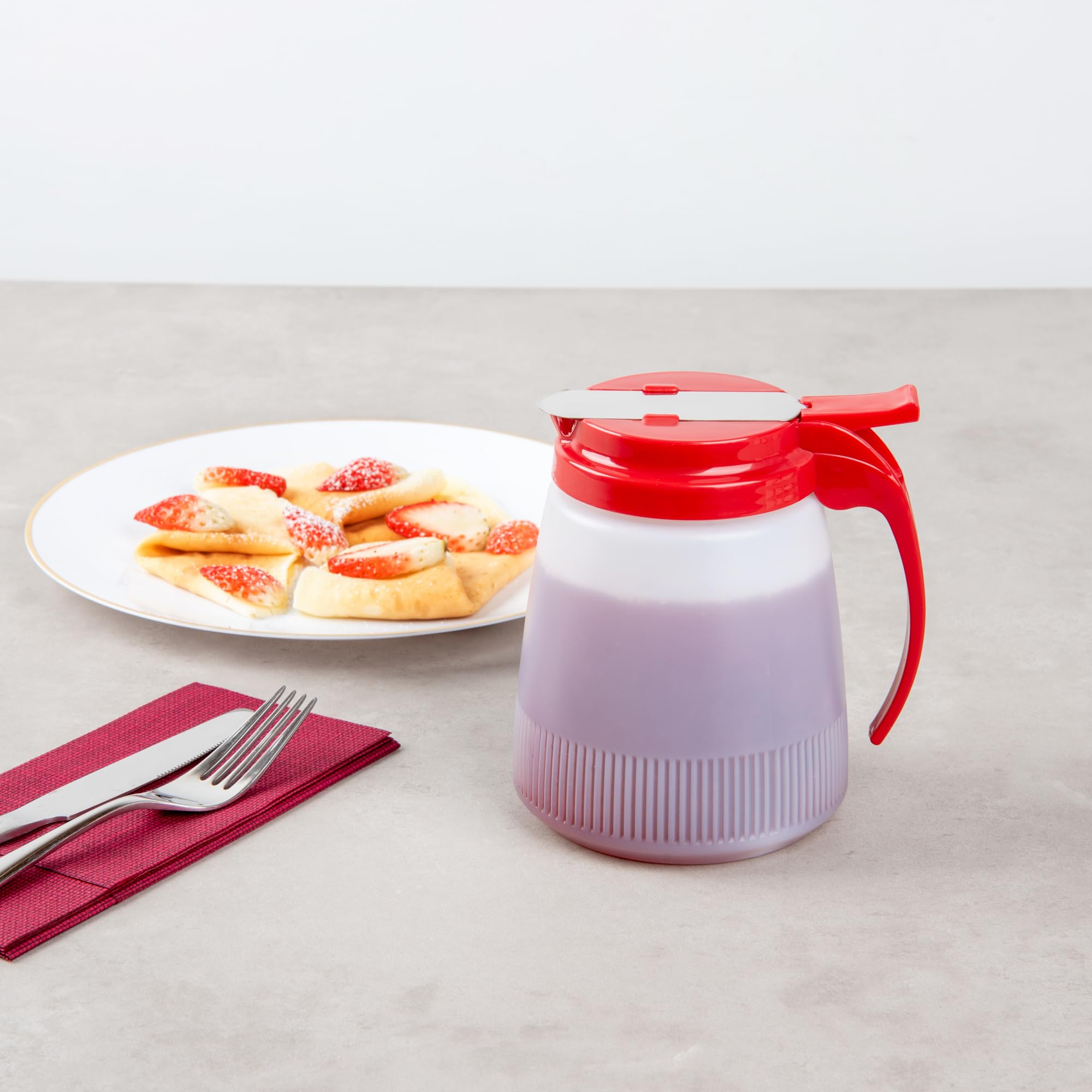 Restaurantware RW Base - Dispensador de jarabe multiusos de 32 onzas, 1 dispensador de miel, parte superior roja, cubierta deslizante de acero inoxidable, dispensador de jarabe de panqueques de