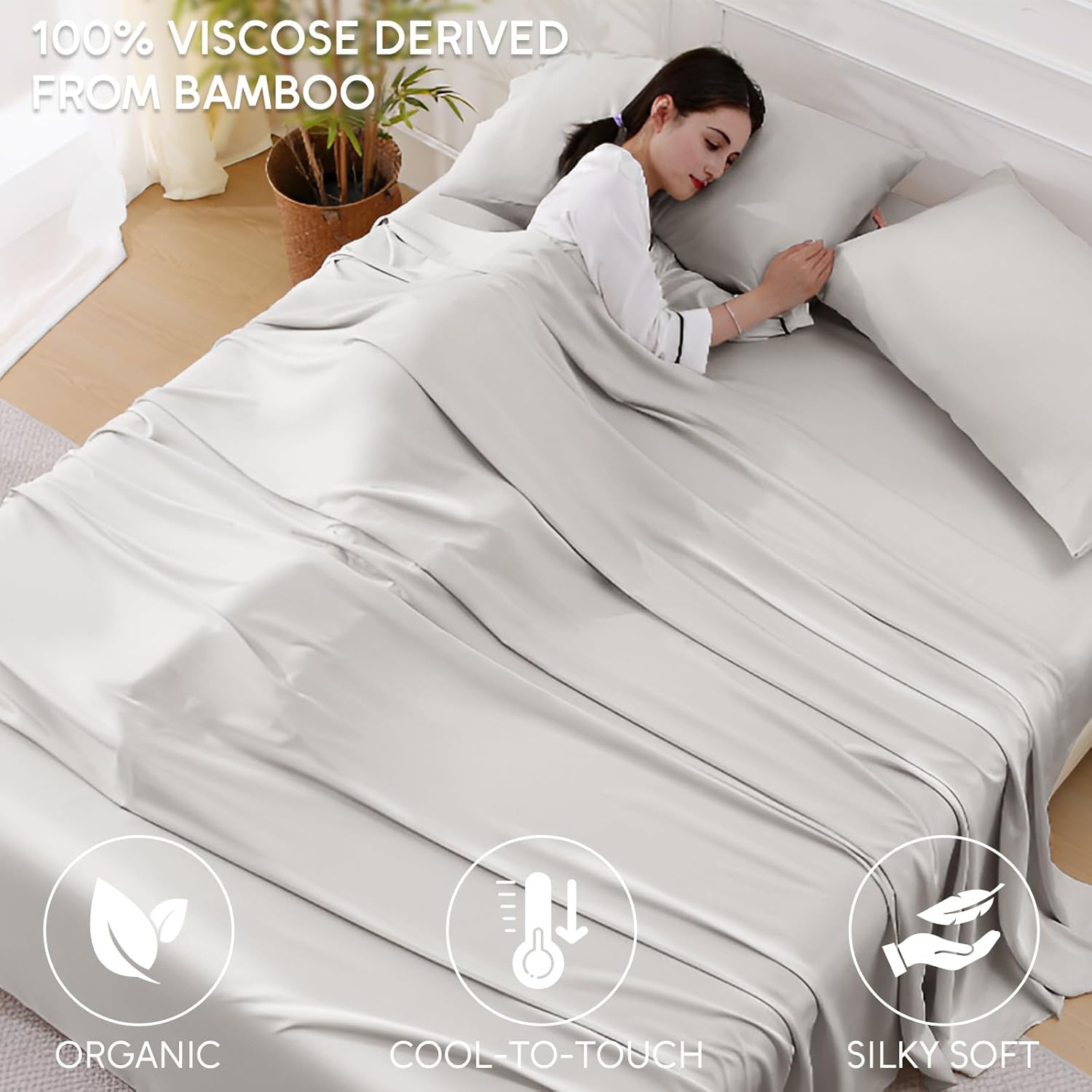100% Organic Viscose Derived from Bamboo, 4-Piece King Bed Sheet Set, Ultra Soft & Luxuriously Cooling Sheets, Deep Pocket Fits 16" Mattress, Perfect for Hot Sleepers, Light Gray - Image 2