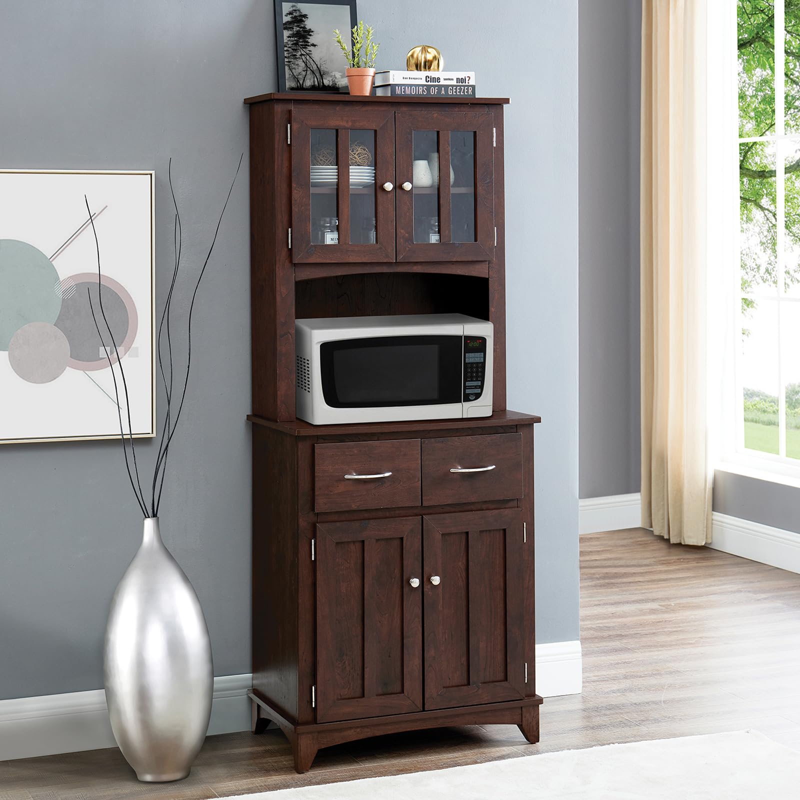 Home Source Bar Cabinet for Coffee Wine Liqour Microwave Stand with Storage, 69" Rustic Kitchen Buffet Hutch Cabinet for Home Farmhouse Basement with 2 * 15" Draws, Vineras Modernas para Sala, Brown