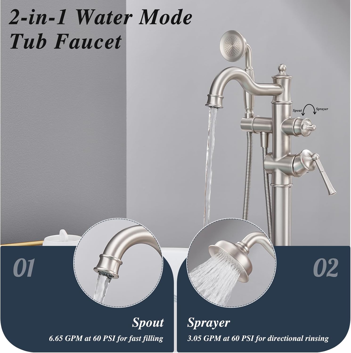 Free Standing Tub Faucet, Qinkell Classic Elegant Gooseneck Freestanding Bathtub Faucet with Sprayer Brass Luxury Floor Mount Bath Faucets High Flow Roman Tub Filler, Brushed Nickel (QC-202511BN) - Image 4