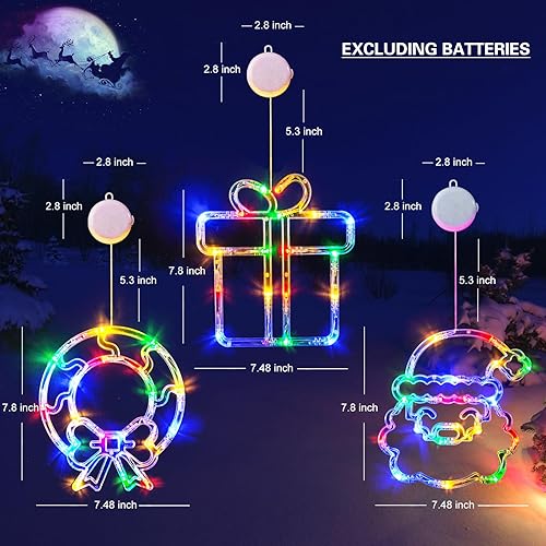 Miniatura 4 de LOLStar Decoraciones de Navidad, paquete de 3 coronas, caja de regalo, luces de ventana de Navidad de Papá Noel con ventosas, luces de Navidad que