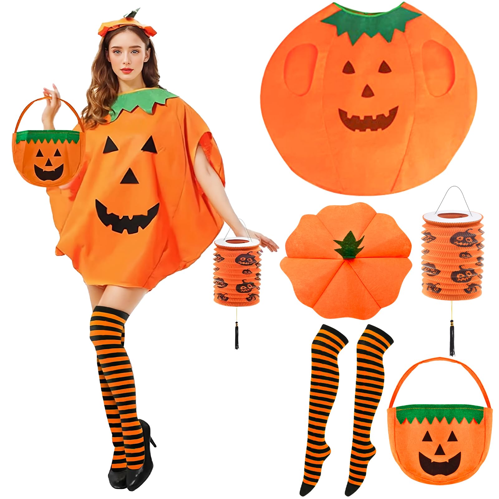 Disfraz de calabaza para mujer, disfraz de calabaza, para adultos, con sombrero de calabaza, bolsa de caramelos, calcetines de calabaza, farol de calabaza, disfraz de calabaza, disfraz de