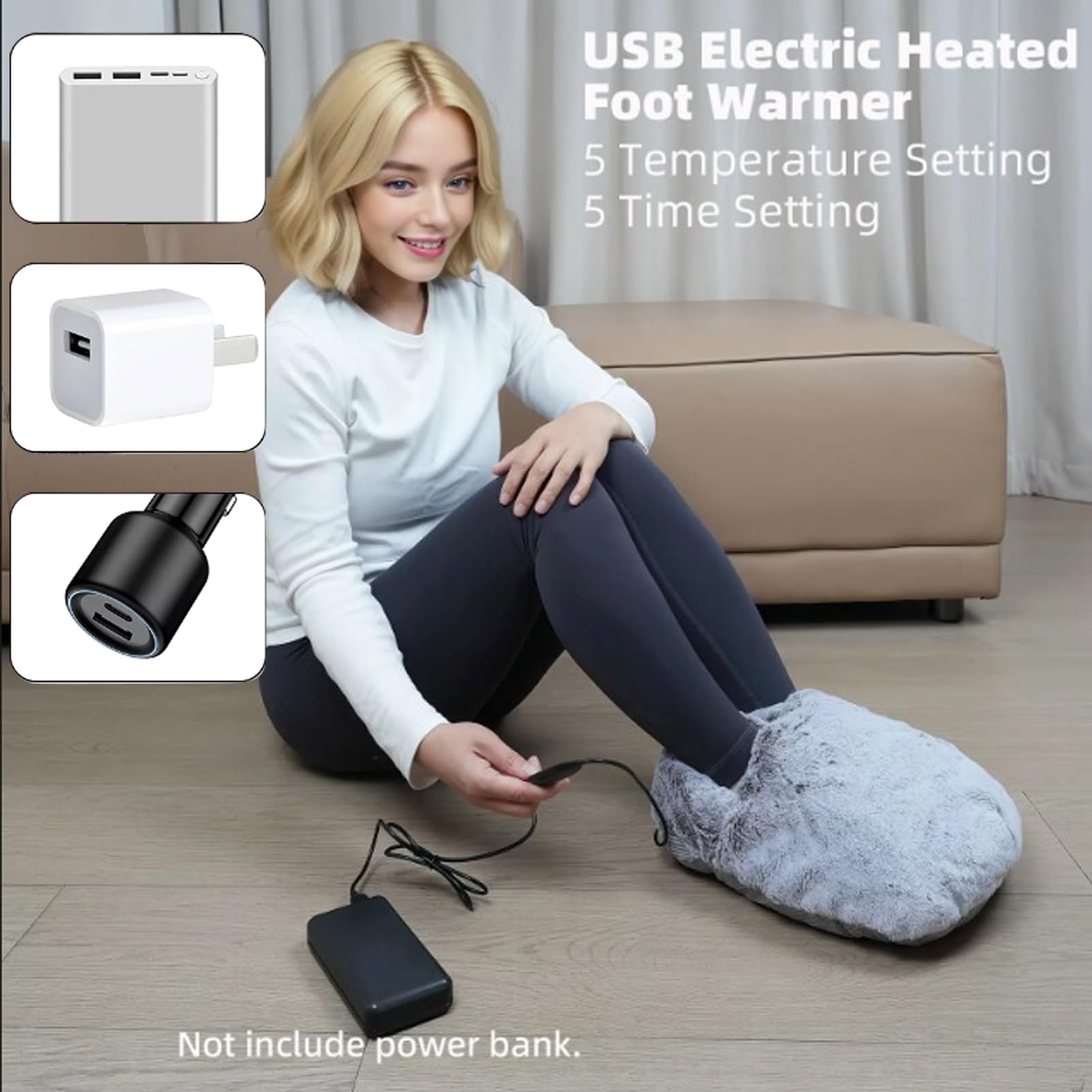 Scaldapiedi Peluche Elettrico, Pantofole Riscaldanti USB 5 Timer 5 Livelli Temperatura Lavabile Morbido Termoforo Piedi Scarpe E Stivali Riscaldati per Natale, Uomo, Donna, Casa