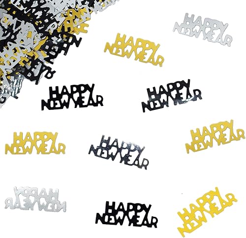 Confeti de feliz año nuevo brillante metálico NYE confeti de mesa para decoración de fiesta de Año Nuevo 2026, oro negro y plata, 1.8 onzas
