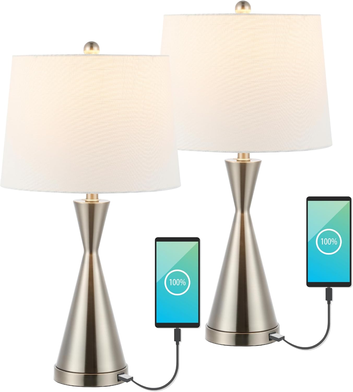 JONATHAN Y 26" Brass Gold Classic Iron LED Table Lamp with USB Port, Set of 2 for Bedroom, White Linen Shade, Farmhouse Midcentury Modern Bedside Nightstand Lamps, LED Bulbs (JYL4046B-SET2)