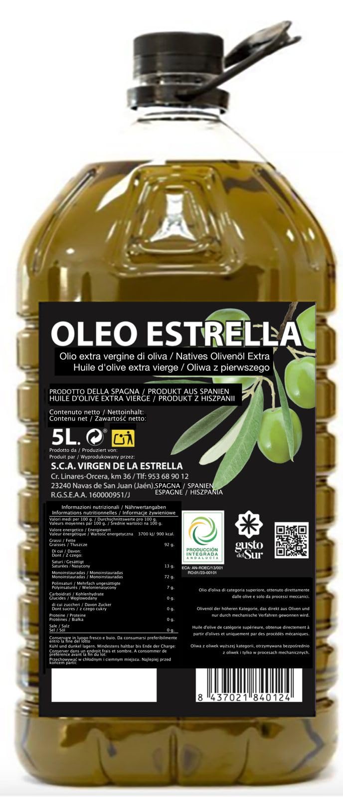 Aceite de Oliva Virgen Extra Picual 5 Litros Oleo Estrella