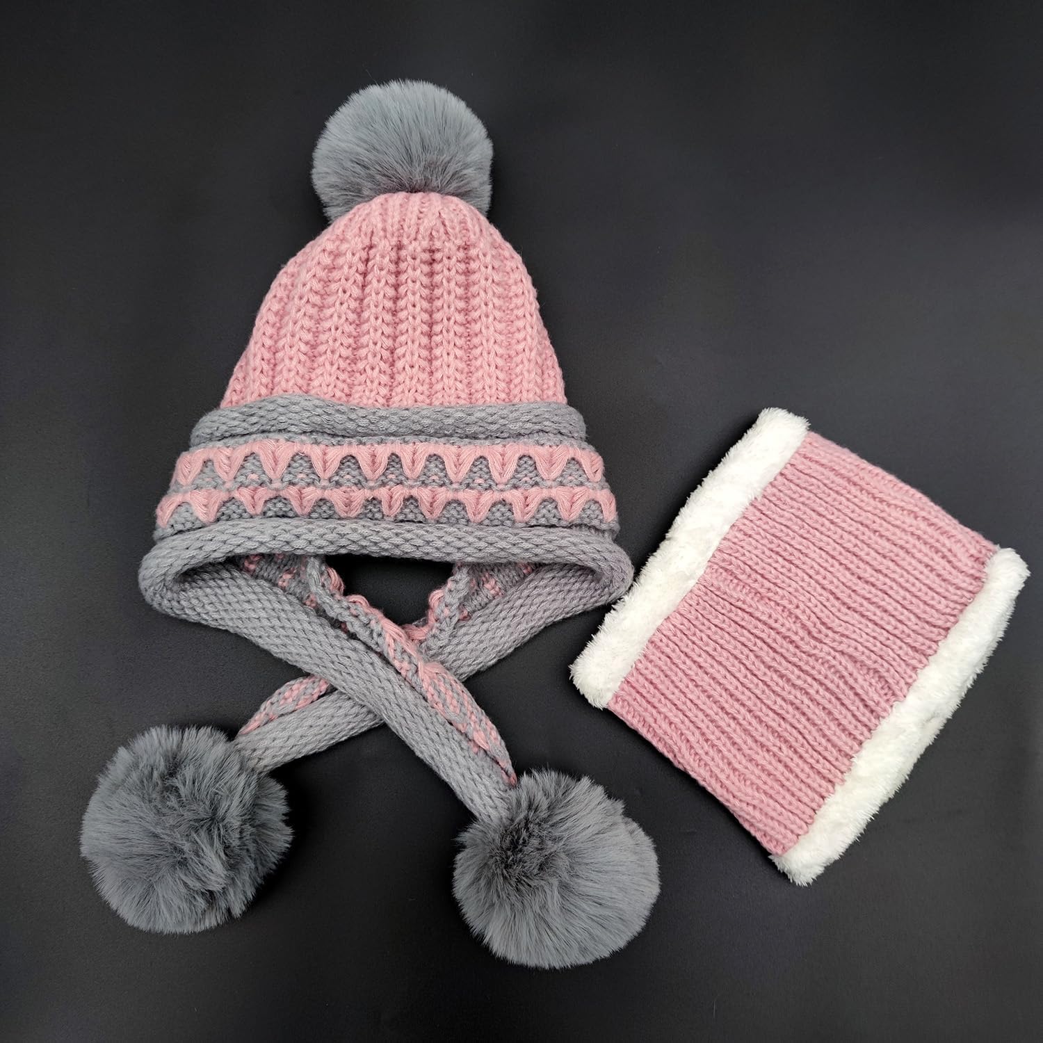 HUAMULAN Women Winter Beanie Hat Circle Scarf Set Pompoms Ski Snow Ear Flaps Sherpa Knit Hats Neck Warmer Set - Image 4