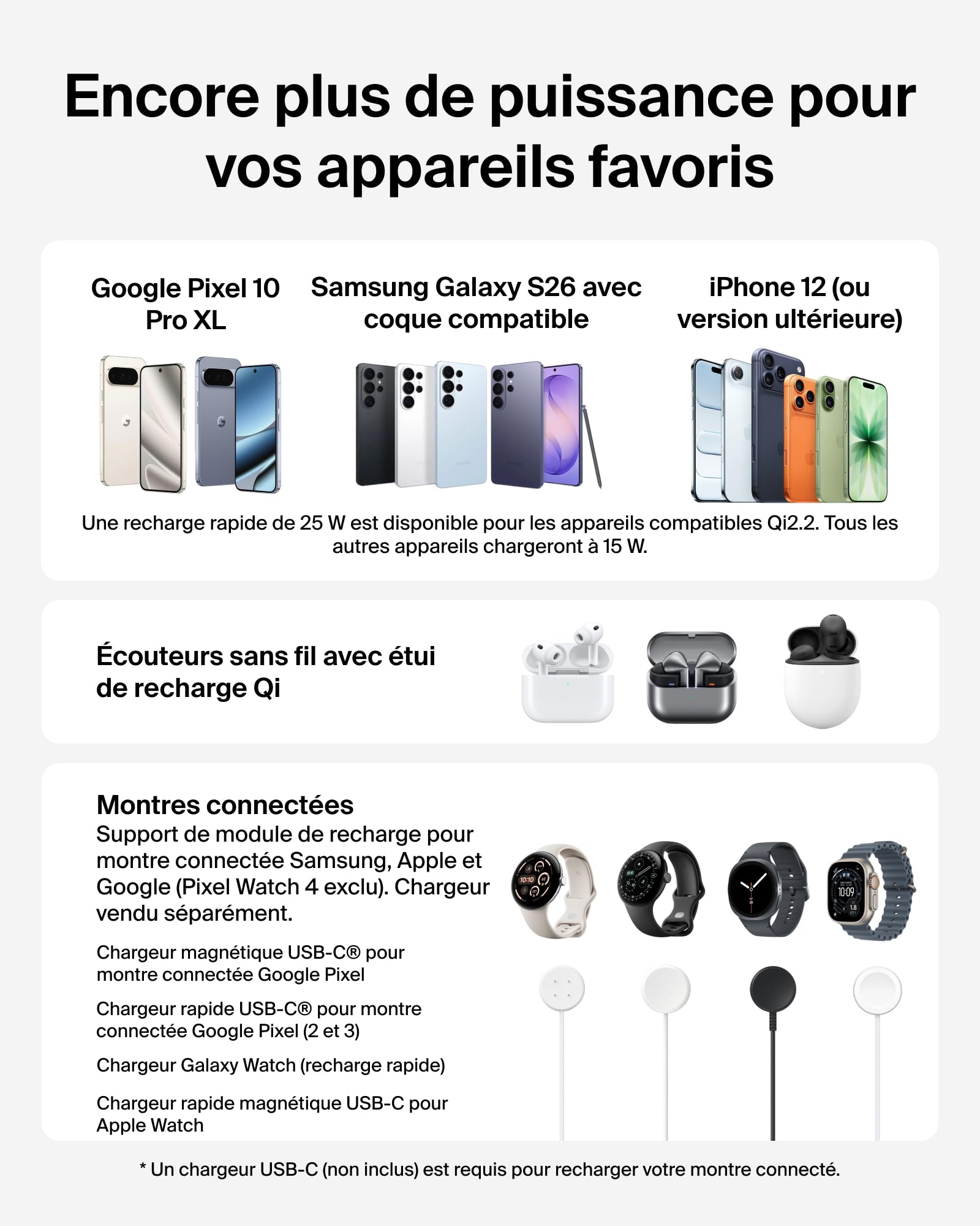Belkin UltraCharge Station sans Fil 3-en-1 avec Qi2, 25 W - Noir | Chargeur Magnétique Qi2.2, USB-C, Chargeur Sans Fil Pour iPhone, Galaxy, Écouteurs, Montre Connectée, Adaptateur Secteur 45 W