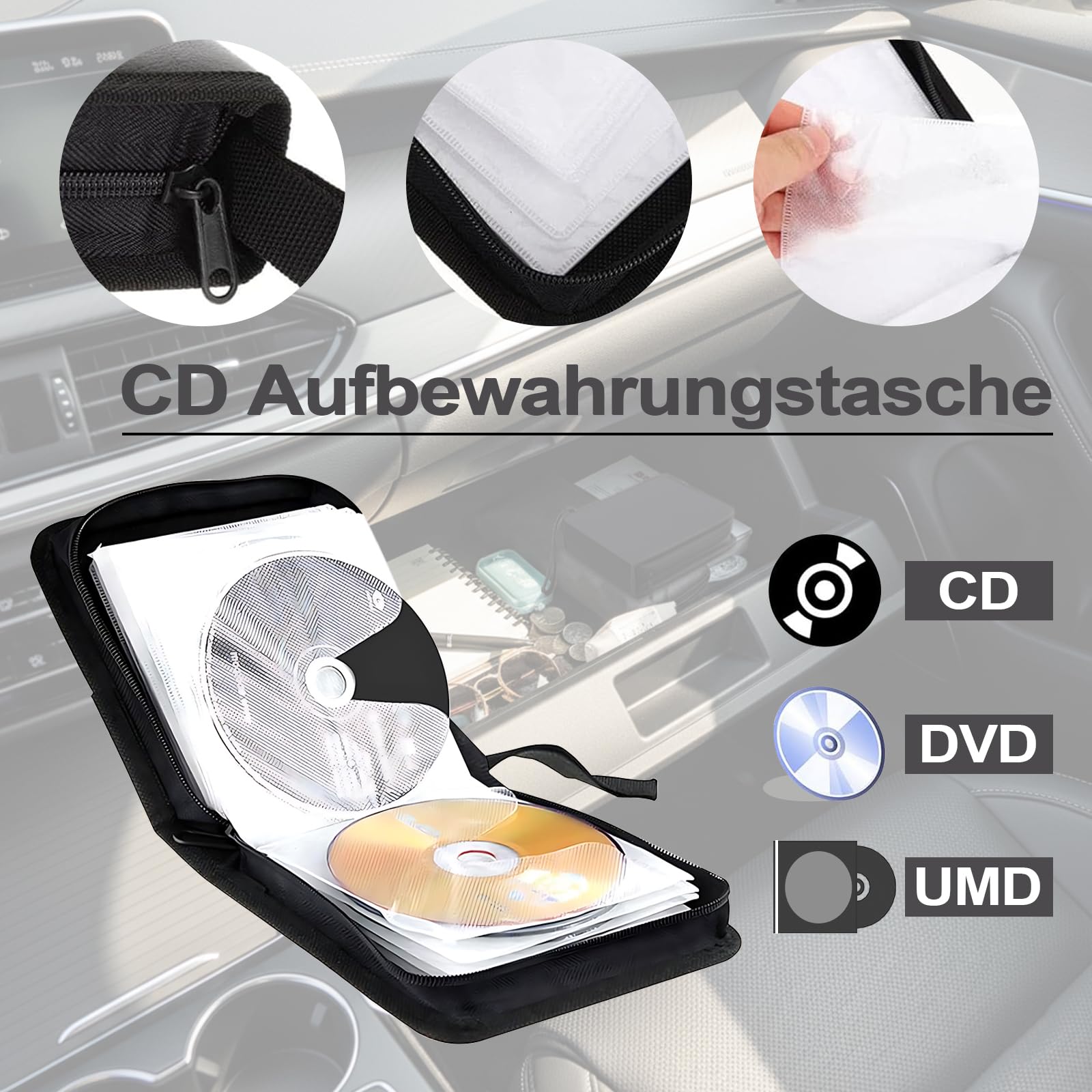 Porta CD Custodia, Custodia per 44 CD, Supporto per Custodia per Organizer per Dischi Protettivi per Viaggi in Auto, Nero