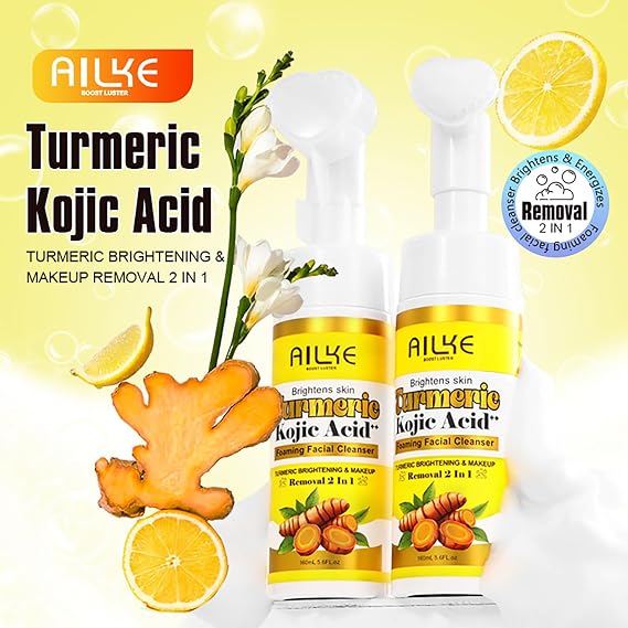 AILKE Brightening Foaming Facial Cleanser, With Natural Turmeric, Kojic Acid, Remove Makeup Residue and Acne, Clean Skin,160 ml (Pack of 1)