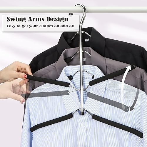 Miniatura 4 de Perchas de ropa que ahorran espacio, 4 paquetes de 4 paquetes de brazo oscilante antideslizante acolchado percha de 5 capas de acero inoxidable