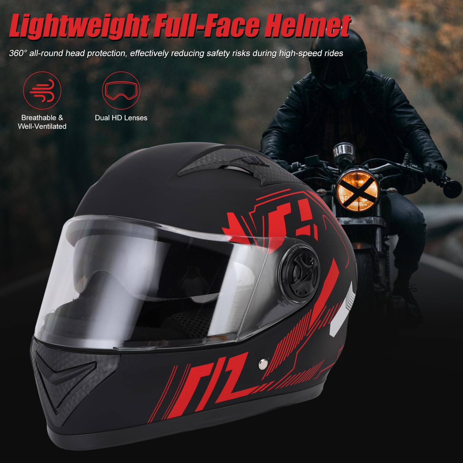Casque de Moto, Casque de Vélo Léger pour Hommes et Femmes, Circonférences de Tête de Casque de Visage Complet de 54 à 61 Cm avec Coucheur de Cou Détachable, Couche de Coton