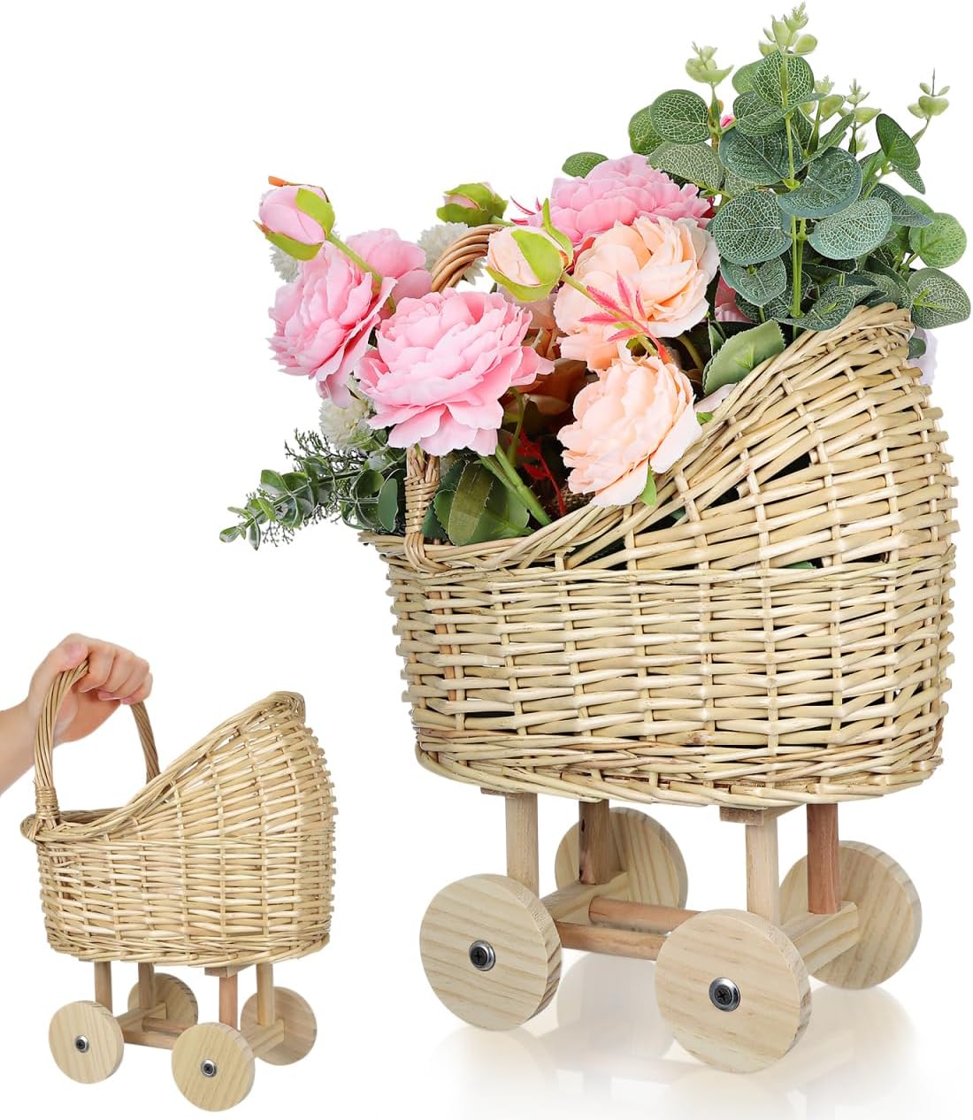 Yardwe Rattan Woven Flower Basket Mini Doll Stroller Baby Shower Basket Vintage Baby Carriage Decoration for Wedding Flower Girl Display Home Decor 13.77 X 10.43 X 7.48 in