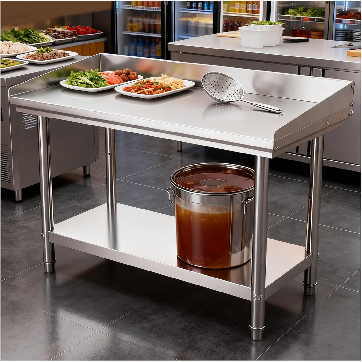 Edge-Enclosed Work Countertop Double-Tier Stainless Steel Workbench Cutting Board Worktable with Adjustable Legs Commercial Metal Table Sturdy Construction(60x40x80cm/23.6x15.4x31.5”)