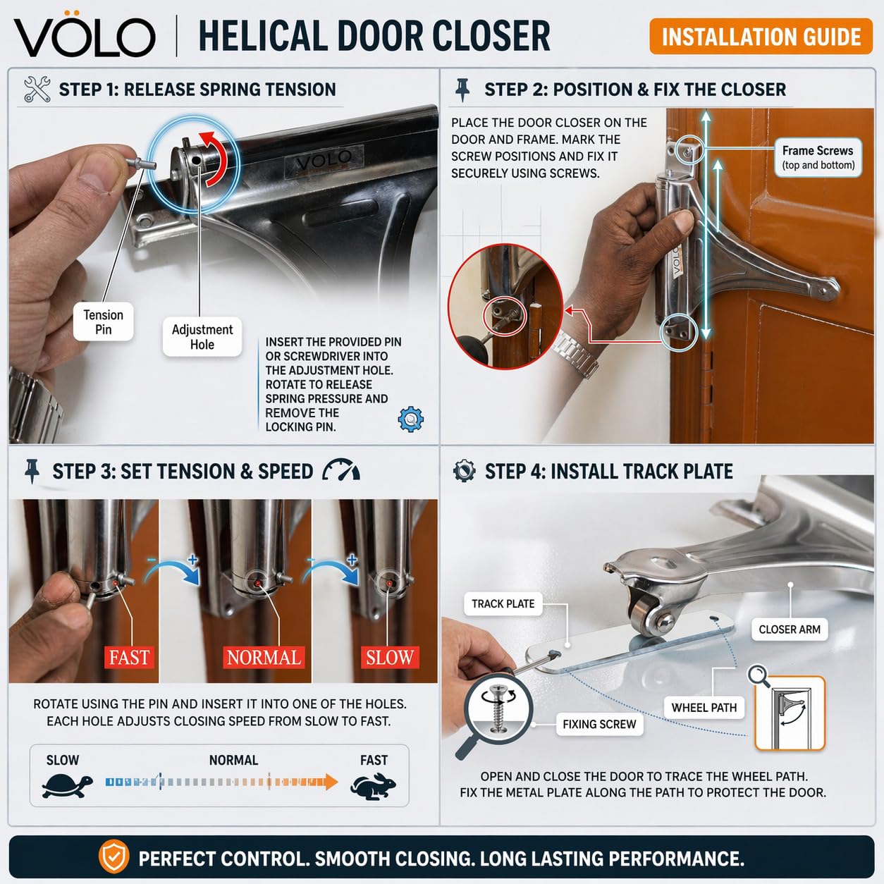 VOLO Spring Based Door Closer – Automatic Self Closing Door Closer for Wood, Aluminium & PVC Doors – 4 Adjustable Speed, Durable All-Metal Construction | (30KG | Helical Spring | Chrome, 1 Piece) — Amazon image 8