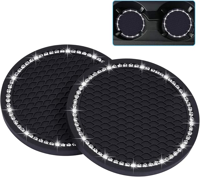 Wisdompro Bling Car Coasters, 2 Pack PVC Car Cup Holder Gadget Auto Insert Coaster - Anti Slip Universal Vehicle Interior Accessories Sparkly Crystal Cup Mats for Women and Men (2.75" Diameter) Black