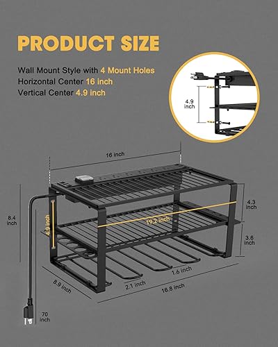 Miniatura 7 de Organizador de herramientas eléctricas de montaje en pared y estación de carga, 6 salidas de CA, 3 capas para taladros, ideal como estante de