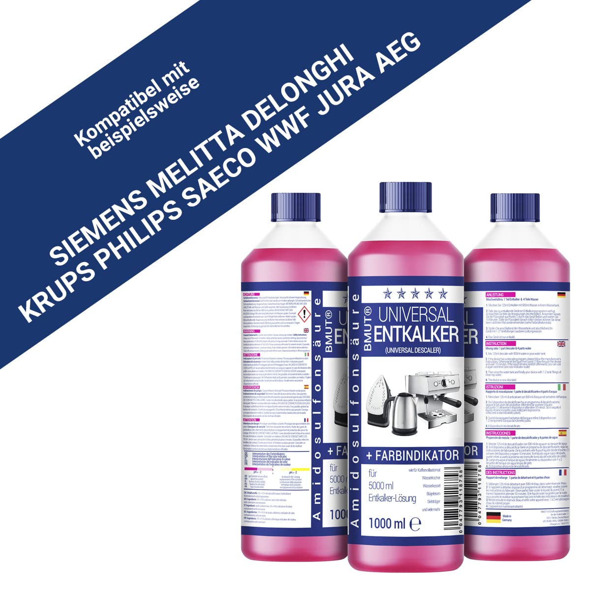 Descalcificador universal de 1000 ml para cafeteras automáticas y máquinas de café, para 8 operaciones de descalcificación 125 ml cada una, 12 botellas
