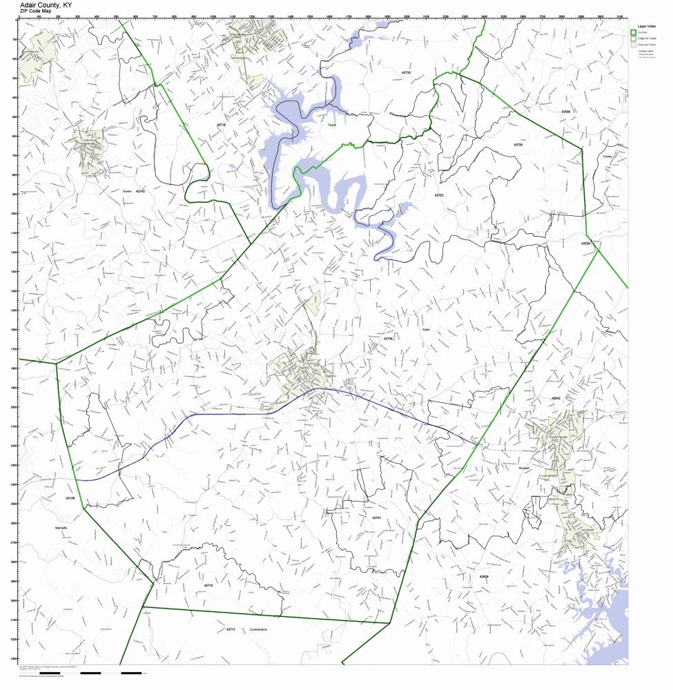 Adair County, Kentucky KY ZIP Code Map Not Laminated