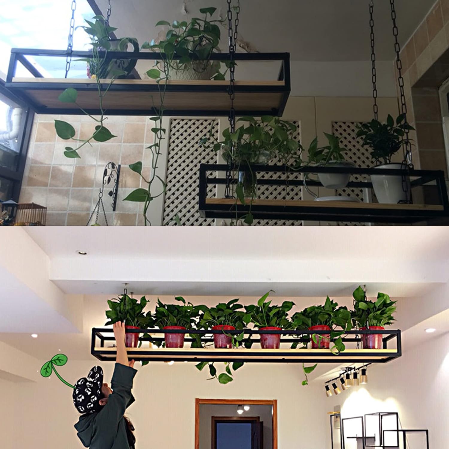 Industrial Wine Racks Bottle Holder Ceiling Creative Plant Railing Shelf with Solid Wood Board and Iron Frame, Hanging Flower Pot Rack Storage Stand for Bar Flower Shop Balcony(60x25x15CM)