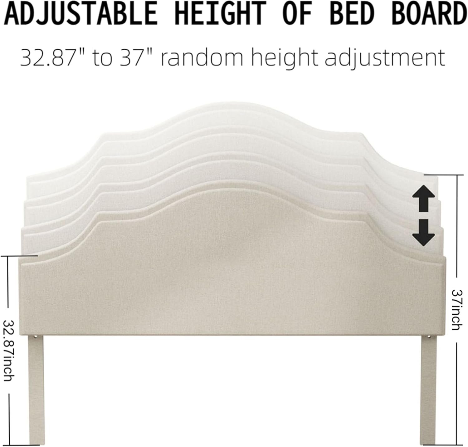 Close-up of bed frame features: skin-friendly headboard, Velcro design wood slats, soft chenille fabric, and strong anti-slip legs