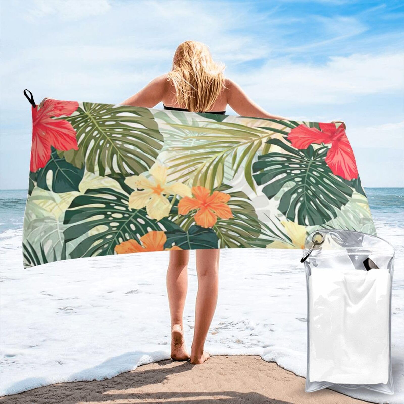 AYYQWE Vegetation Leaves With Hibiscus Flowers Print Lightweight Towel For Men Women Travel Beach Camping Hiking Yoga Swimming Sports