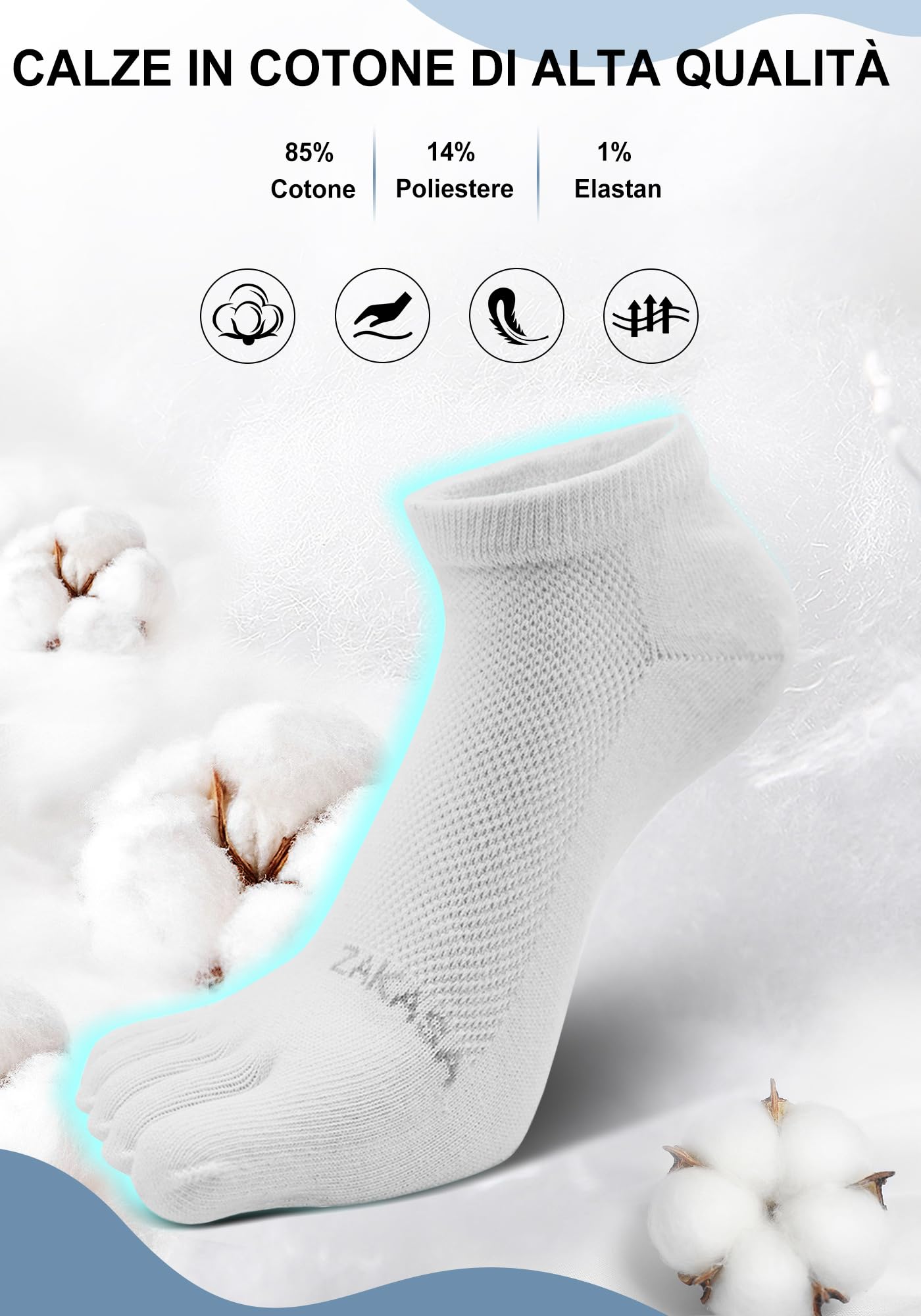 ZAKASA Calze Con Dita Uomo Sportivi: Cotone Calzini con Cinque Dita Calzino Corti 5 Dita Separate Traspiranti calzetti Five Finger per Running Fitness Sport 5 Paia