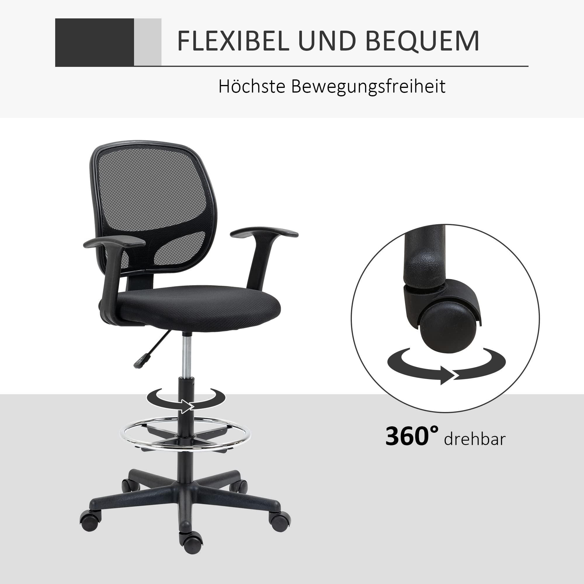 Vinsetto Arbeitsstuhl Mesh Schreibtischstuhl Schwarz 64 x 57 x 110-132 cm | Ergonomischer Bürostuhl, Zeichenstuhl, Verstellbarer Fußring, Höhenverstellbarer Drehstuhl mit Rollen, Arbeitszimmer