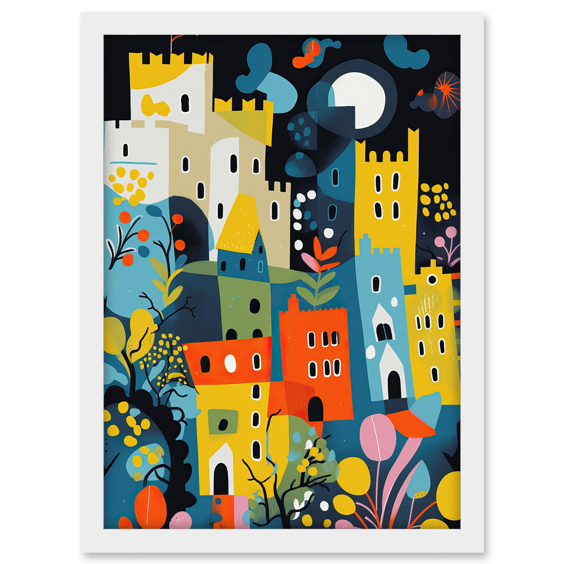 Artery8 Nottingham at Night Abstract Folk Art Cityscape Artwork Framed A3 Wall Art Print
