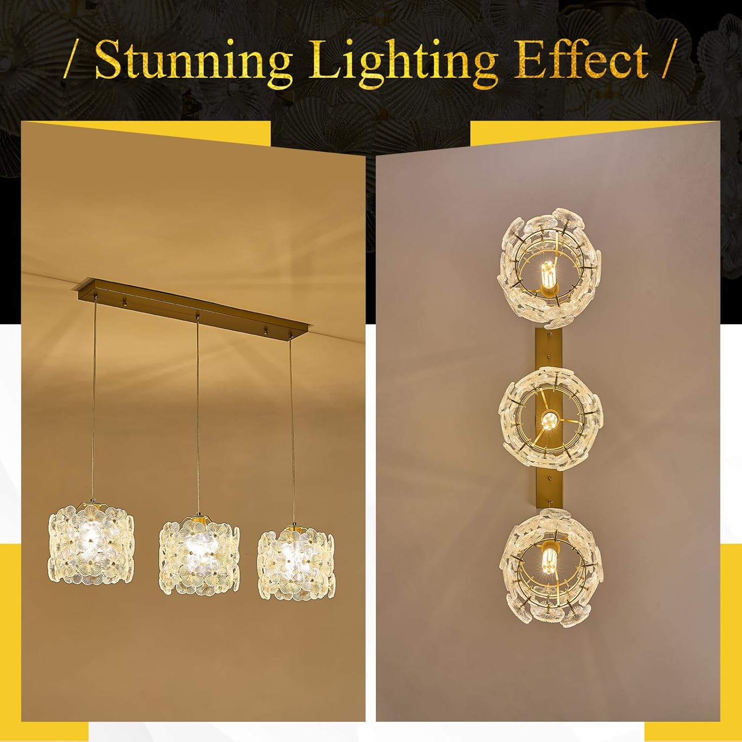 3-Lights Flower Glass Pendant Light for Kitchen Island Modern Gold Linear Chandelier Adjustable Ceiling Pendant Lighting for Bar Dining Room Living Room