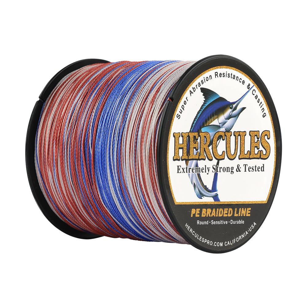 HERCULES Braided Fishing Line 4 Strands - 80LB, 109YDS, Patriotic